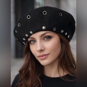 Nine West French Black Beret with Silver Grommet Accents